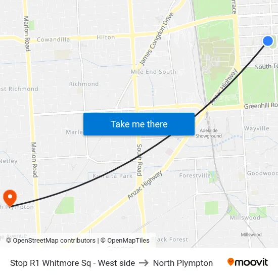 Stop R1 Whitmore Sq - West side to North Plympton map