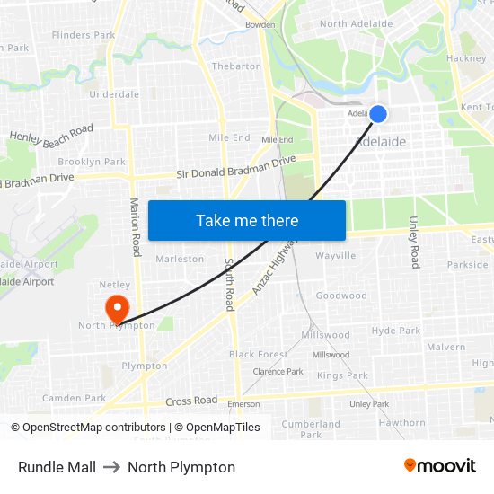 Rundle Mall to North Plympton map