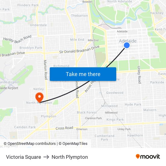 Victoria Square to North Plympton map