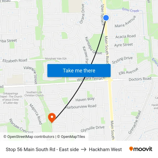 Stop 56 Main South Rd - East side to Hackham West map