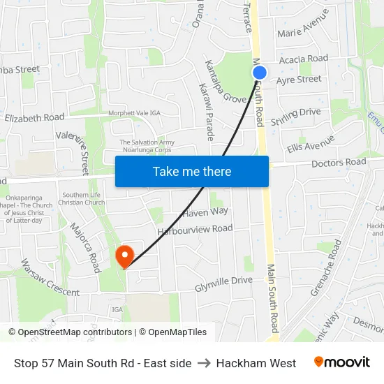 Stop 57 Main South Rd - East side to Hackham West map