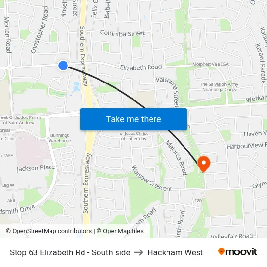 Stop 63 Elizabeth Rd - South side to Hackham West map