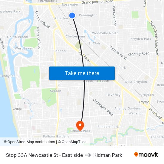 Stop 33A Newcastle St - East side to Kidman Park map