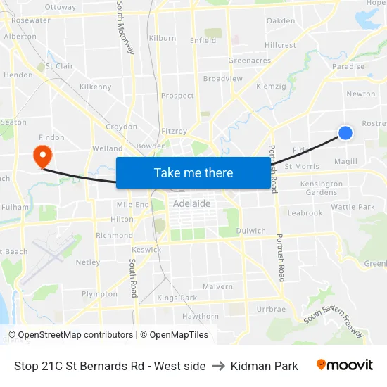 Stop 21C St Bernards Rd - West side to Kidman Park map