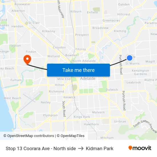 Stop 13 Coorara Ave - North side to Kidman Park map