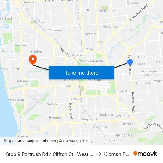 Stop 9 Portrush Rd / Clifton St - West side to Kidman Park map