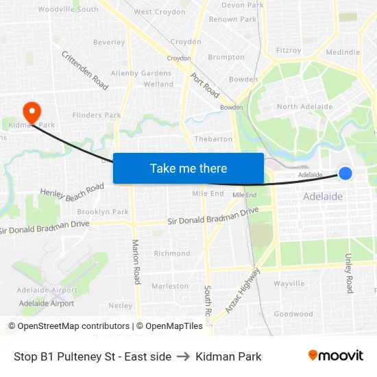 Stop B1 Pulteney St - East side to Kidman Park map
