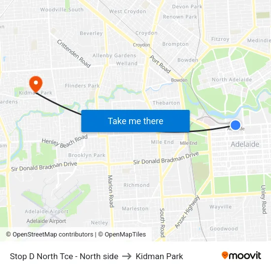 Stop D North Tce - North side to Kidman Park map