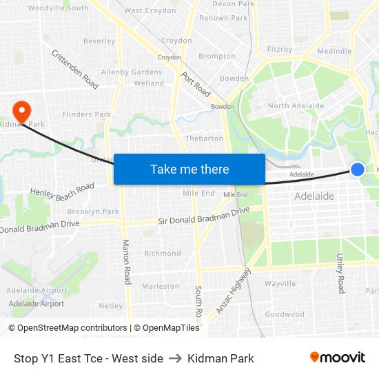 Stop Y1 East Tce - West side to Kidman Park map