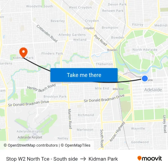 Stop W2 North Tce - South side to Kidman Park map