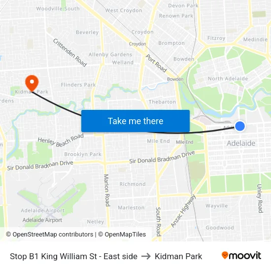Stop B1 King William St - East side to Kidman Park map