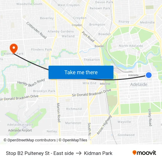Stop B2 Pulteney St - East side to Kidman Park map