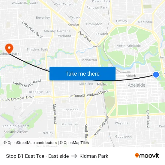 Stop B1 East Tce - East side to Kidman Park map