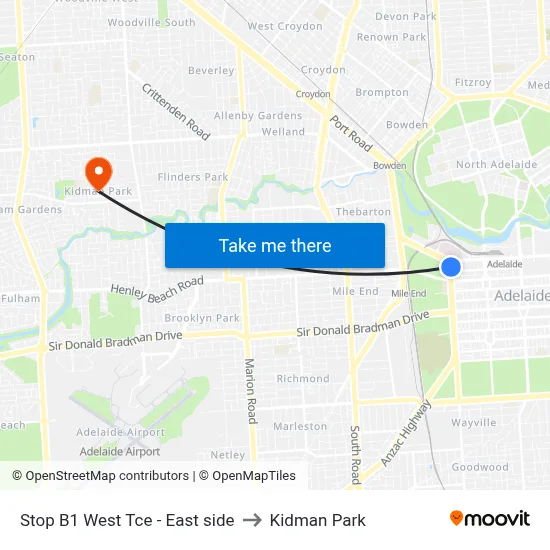 Stop B1 West Tce - East side to Kidman Park map