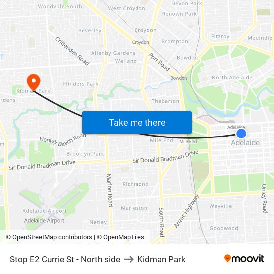 Stop E2 Currie St - North side to Kidman Park map