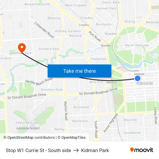 Stop W1 Currie St - South side to Kidman Park map