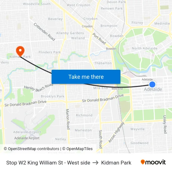 Stop W2 King William St - West side to Kidman Park map