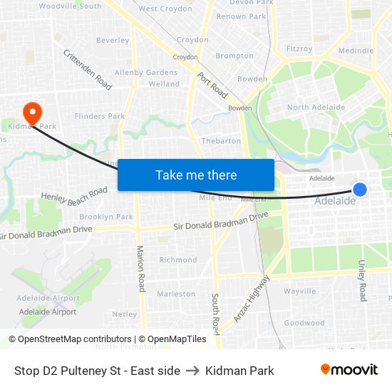 Stop D2 Pulteney St - East side to Kidman Park map