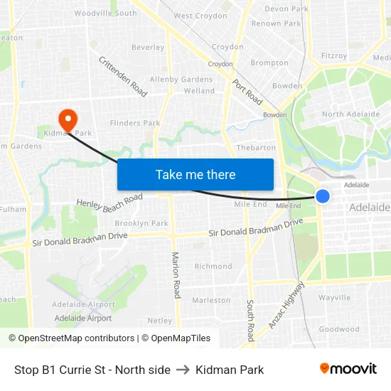 Stop B1 Currie St - North side to Kidman Park map