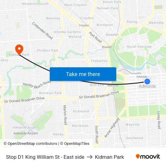 Stop D1 King William St - East side to Kidman Park map