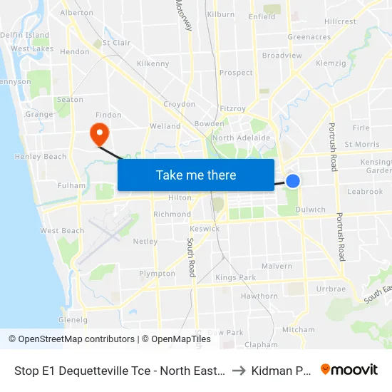 Stop E1 Dequetteville Tce - North East side to Kidman Park map