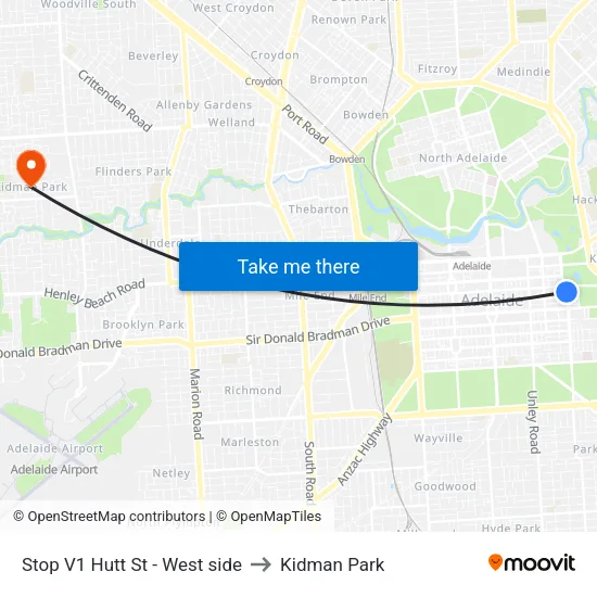 Stop V1 Hutt St - West side to Kidman Park map
