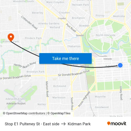 Stop E1 Pulteney St - East side to Kidman Park map