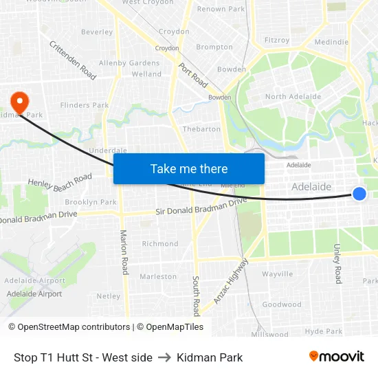 Stop T1 Hutt St - West side to Kidman Park map