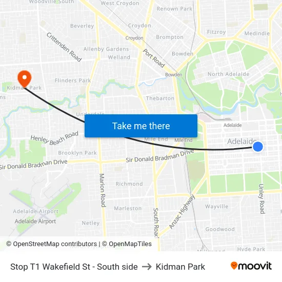 Stop T1 Wakefield St - South side to Kidman Park map