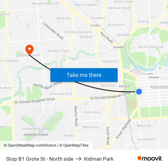 Stop B1 Grote St - North side to Kidman Park map