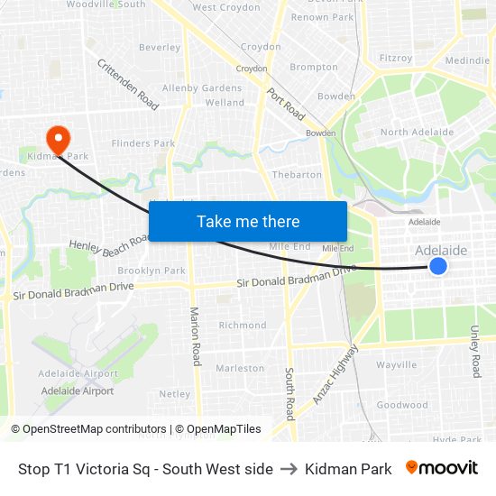 Stop T1 Victoria Sq - South West side to Kidman Park map
