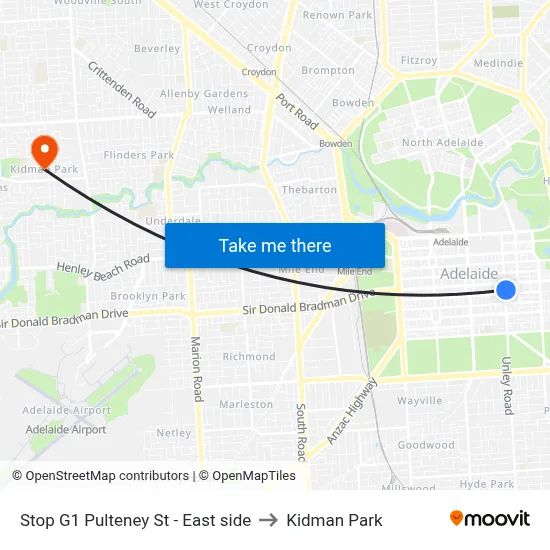 Stop G1 Pulteney St - East side to Kidman Park map