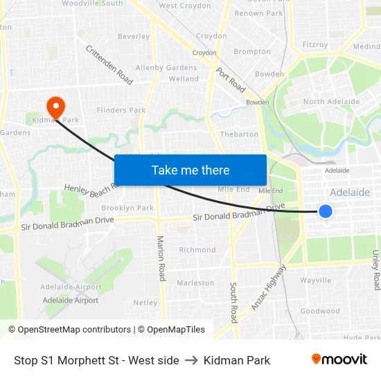 Stop S1 Morphett St - West side to Kidman Park map