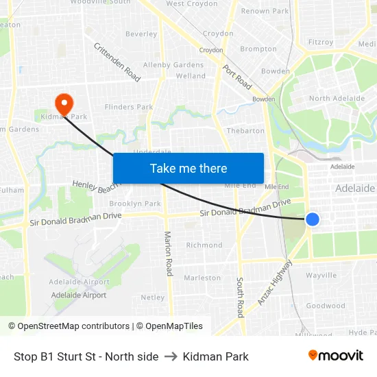 Stop B1 Sturt St - North side to Kidman Park map