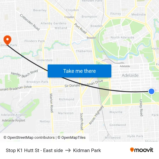 Stop K1 Hutt St - East side to Kidman Park map