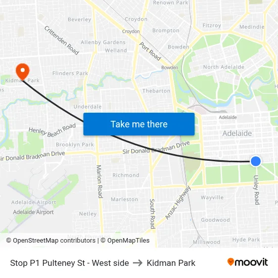 Stop P1 Pulteney St - West side to Kidman Park map
