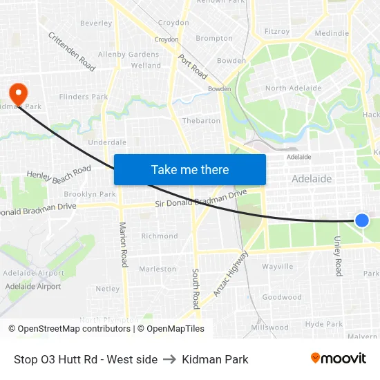 Stop O3 Hutt Rd - West side to Kidman Park map