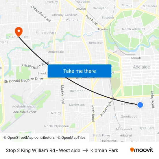 Stop 2 King William Rd - West side to Kidman Park map