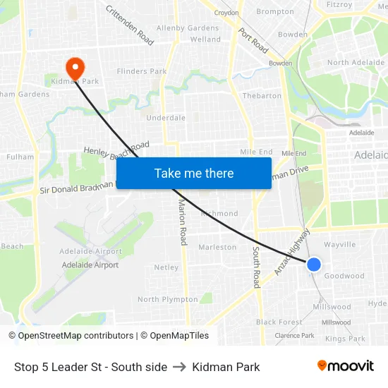 Stop 5 Leader St - South side to Kidman Park map
