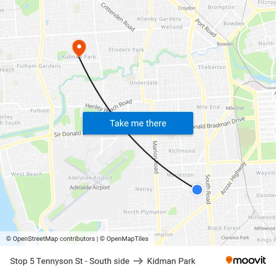 Stop 5 Tennyson St - South side to Kidman Park map