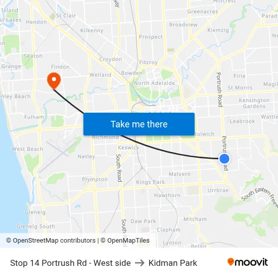 Stop 14 Portrush Rd - West side to Kidman Park map