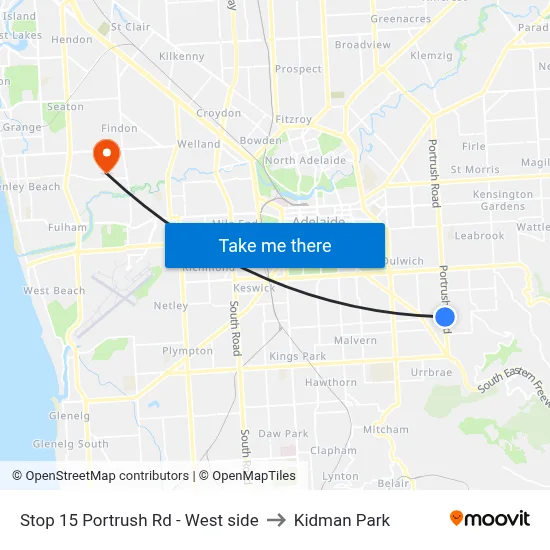 Stop 15 Portrush Rd - West side to Kidman Park map