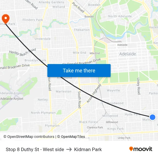 Stop 8 Duthy St - West side to Kidman Park map