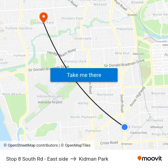 Stop 8 South Rd - East side to Kidman Park map