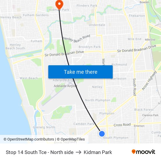 Stop 14 South Tce - North side to Kidman Park map