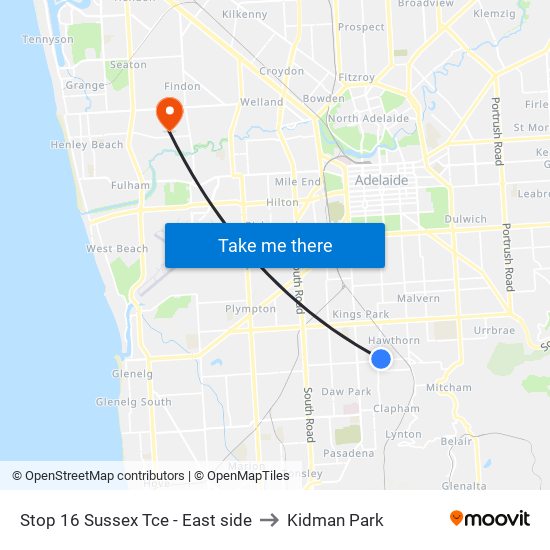 Stop 16 Sussex Tce - East side to Kidman Park map