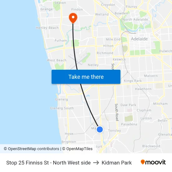 Stop 25 Finniss St - North West side to Kidman Park map