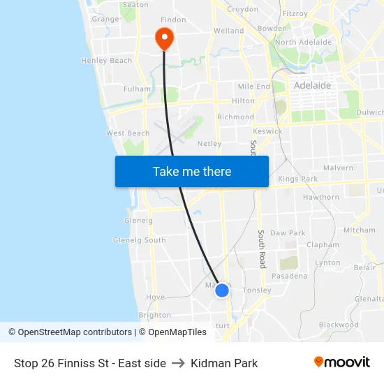 Stop 26 Finniss St - East side to Kidman Park map