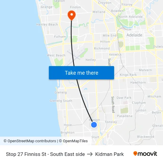 Stop 27 Finniss St - South East side to Kidman Park map