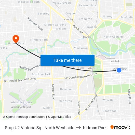 Stop U2 Victoria Sq - North West side to Kidman Park map